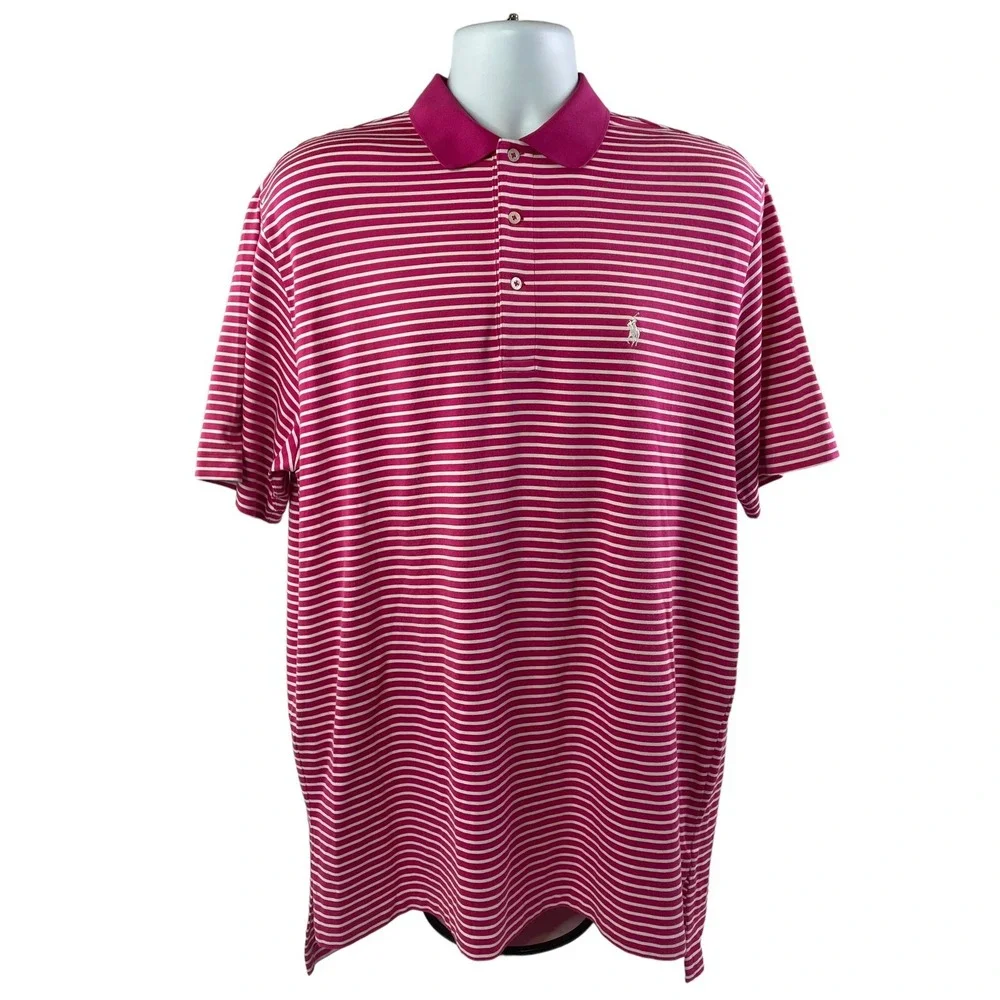 VINTAGE Polo Golf Ralph Lauren Polo Shirt Mens Large Pink Striped S/S HAZELTINE